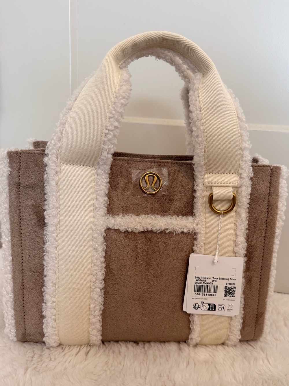 lululemon athletica Taupe Mini Tote with Cream Sherpa Trim